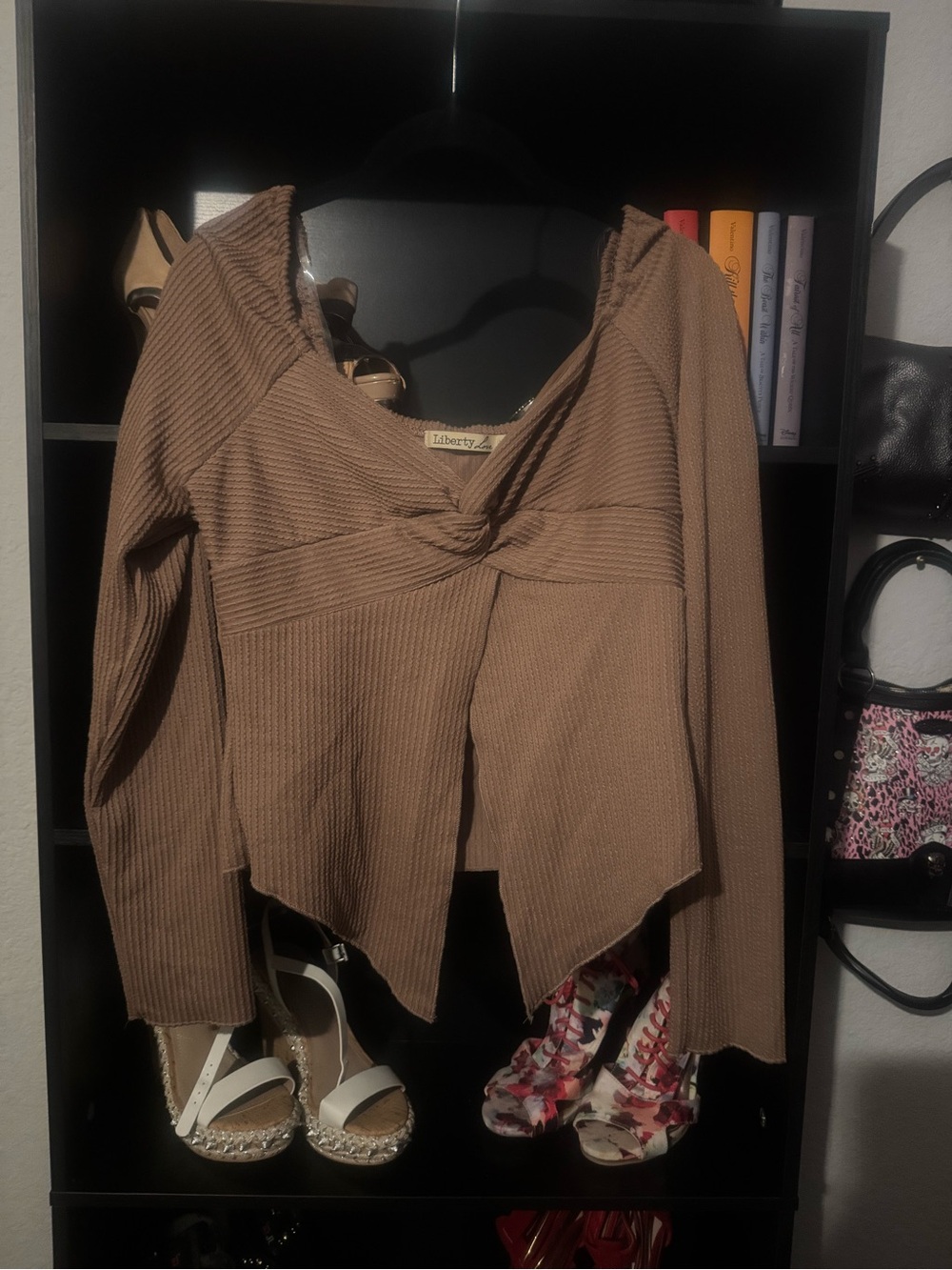Liberty Love Ribbed Twist-Front Long Sleeve Top in Brown